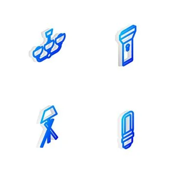 Set Isometric line Flashlight, Chandelier, Floor lamp and LED bulb icon. Vector Stock Illustration