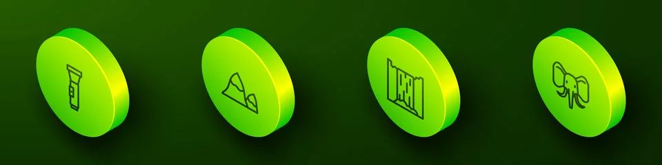 Set Isometric line Flashlight, Mountains, Waterfall and Elephant icon. Vector Stock Illustration