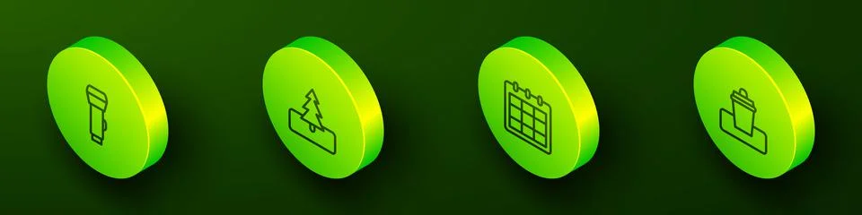 Set Isometric line Flashlight, Tree, Calendar and Trash can icon. Vector 스톡 일러스트