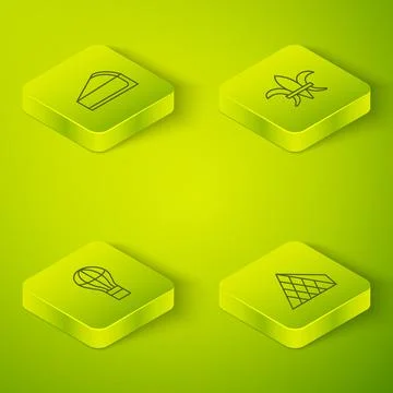 Set Isometric line Fleur De Lys, Hot air balloon, Louvre glass pyramid and Ilustración de archivo