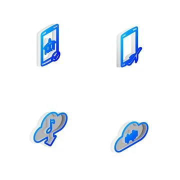 Set Isometric line Flight mode in the mobile, , Cloud download music and Music イラスト素材