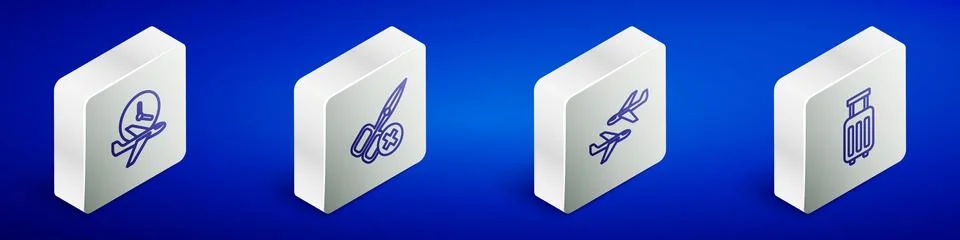 Set Isometric line Flight time, No scissors, Plane and Suitcase icon. Vector Illustrazione stock