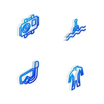 Set Isometric line Floating buoy, Photo camera for diver, Diving mask with Illustrazione stock
