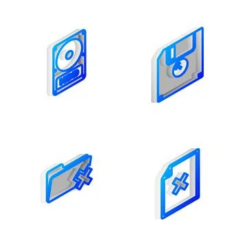 Set Isometric line Floppy disk, Hard drive HDD, Delete folder and file document Stock Illustration