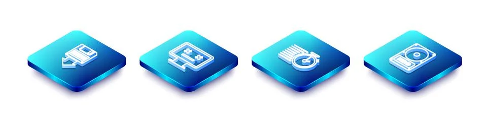 Set Isometric line Floppy disk backup, Dead monitor, Stopwatch and Hard drive Stock Illustration