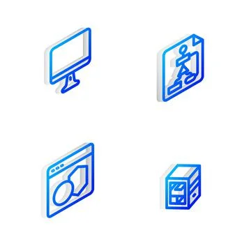 Set Isometric line Flowchart, Computer monitor screen, Software and icon. Vector 스톡 일러스트