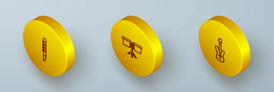 Set Isometric line Flute, Bongo drum and Electric bass guitar icon. Vector Ilustração Stock