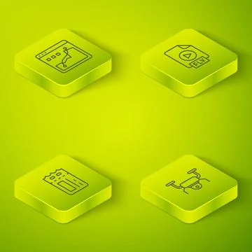 Set Isometric line FLV file document, Cinema ticket, Drone flying and Histogram Stock Illustration