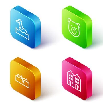 Set Isometric line Flying duck, Bear head, Kayak or canoe and House icon. Vector 스톡 일러스트