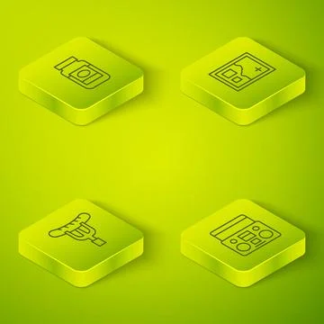 Set Isometric line Folded map, Sausage on the fork, Home stereo with two Stock Illustration