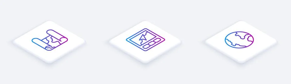 Set Isometric line Folded map, Gps device with and Earth globe. White squar.. イラスト素材
