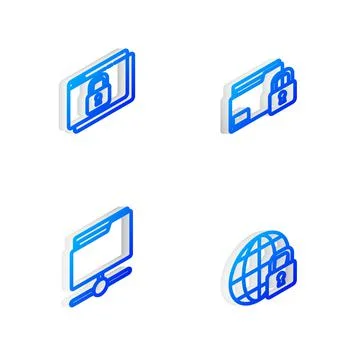 Set Isometric line Folder and lock, Secure your site with HTTPS, SSL, FTP folder Illustration