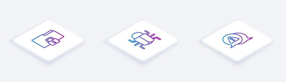 Set Isometric line Folder and lock, System bug and Exclamation mark in triangle Stock Illustration