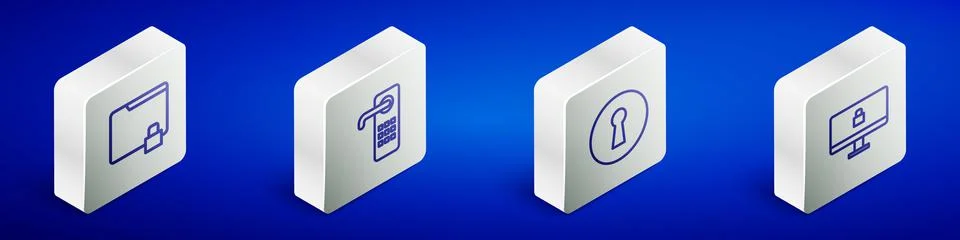 Set Isometric line Folder and lock, Digital door, Keyhole and Lock on computer Stock Illustration