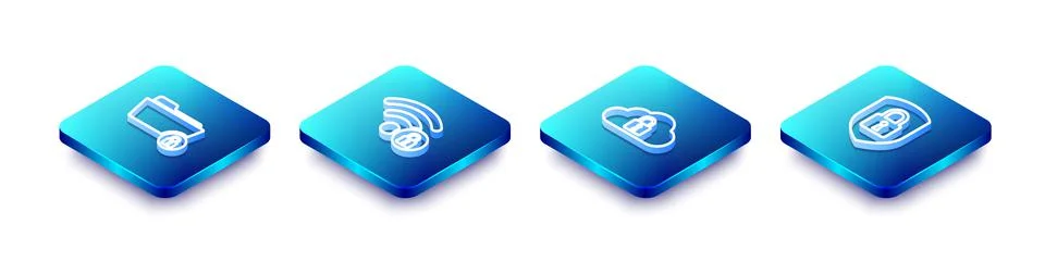 Set Isometric line Folder and lock, Wifi locked, Cloud computing and Shield Stock Illustration