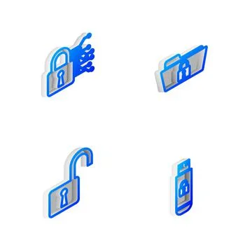 Set Isometric line Folder and lock, Cyber security, Open padlock and USB flash Stock Illustration