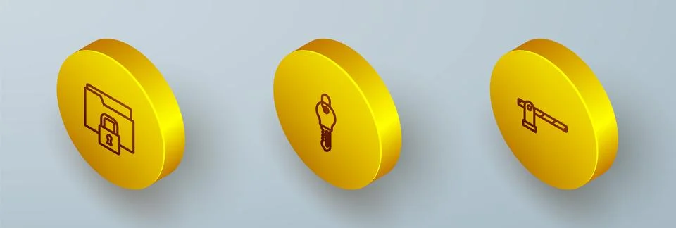 Set Isometric line Folder and lock, Key and Parking car barrier icon. Vector Stock Illustration