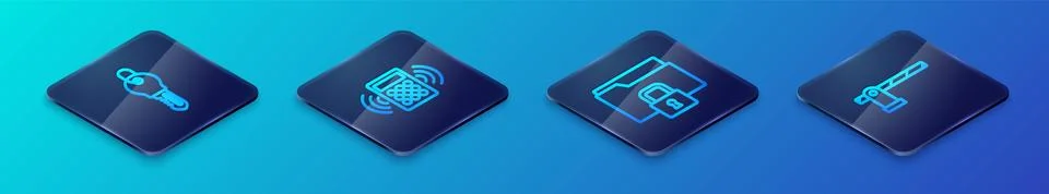 Set Isometric line Folder and lock, Key, Parking car barrier and Security keypad Stock Illustration
