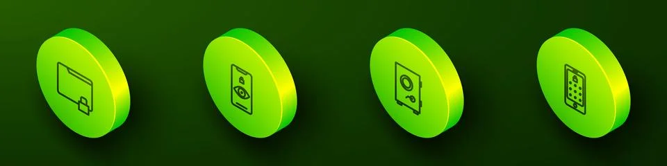 Set Isometric line Folder and lock, Eye scan, Safe and Mobile graphic password Illustrazione stock