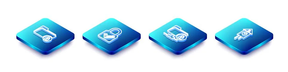 Set Isometric line Folder and lock, Lock check mark, FTP folder and Retro wal Illustrazione stock