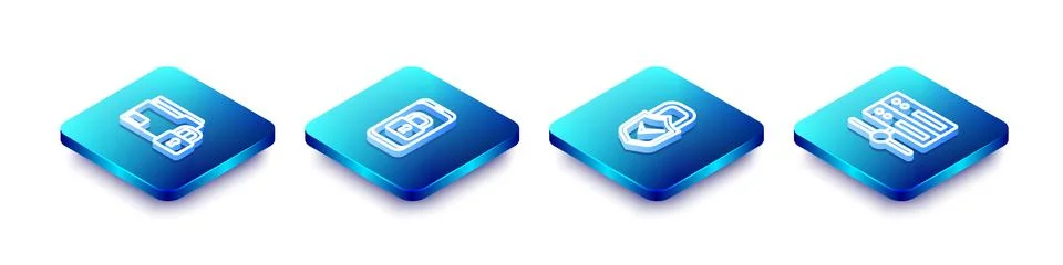 Set Isometric line Folder and lock, Mobile with closed padlock, Lock check .. Stock Illustration
