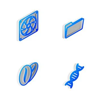 Set Isometric line Folder, Computer cooler, Coffee beans and DNA symbol icon Illustrazione stock