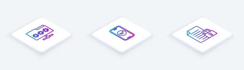 Set Isometric line Folder with password, Smartphone and Document and lock. White Illustrazione stock