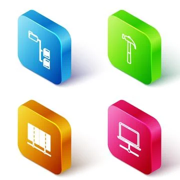 Set Isometric line Folder tree, Hammer, Server, Data, Web Hosting and Compute Stock Illustration