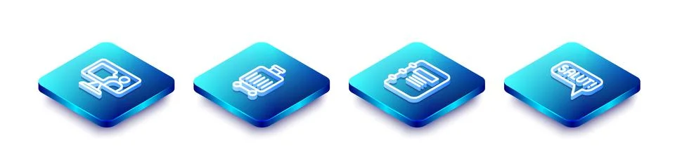 Set Isometric line Foreign language online study, Suitcase, Notebook and Sa.. Stock Illustration