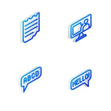 Set Isometric line Foreign language online study, Notebook, Alphabet and He.. Illustrazione stock