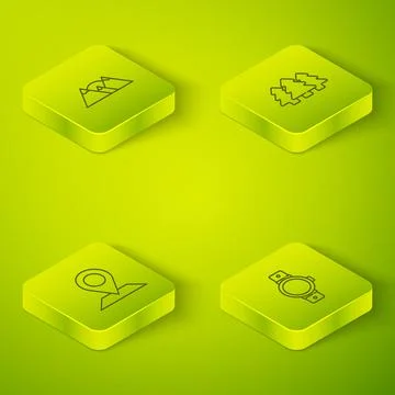 Set Isometric line Forest, Location, Smartwatch and Mountains icon. Vector Illustrazione stock
