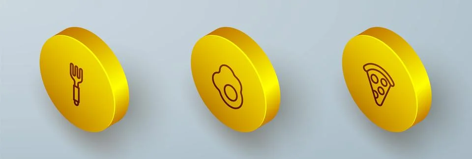 Set Isometric line Fork, Scrambled egg and Slice of pizza icon. Vector Stock Illustration