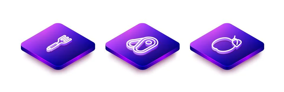 Set Isometric line Fork, Steak meat and Plum fruit icon. Vector Illustrazione stock