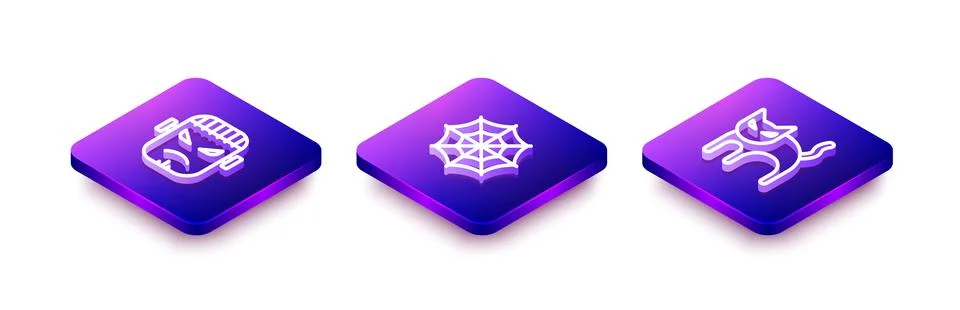 Set Isometric line Frankenstein face, Spider web and Black cat icon. Vector Stock Illustration
