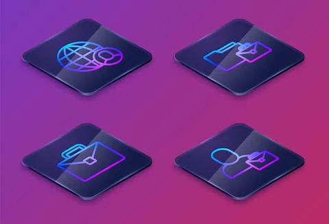 Set Isometric line Freelancer, Briefcase, Online working and . Blue square Stock-Illustration