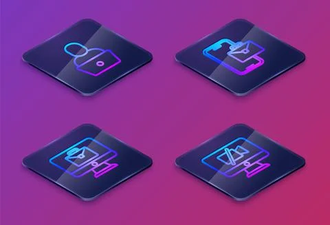 Set Isometric line Freelancer, Online working, and Video camera Off on computer Stock Illustration