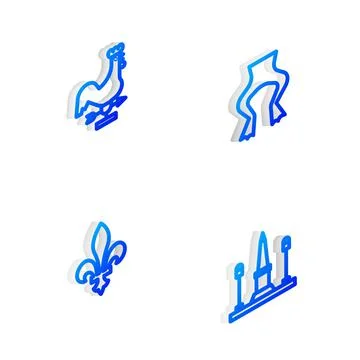 Set Isometric line Frog legs, Rooster weather vane, Fleur De Lys and Place La Stock Illustration