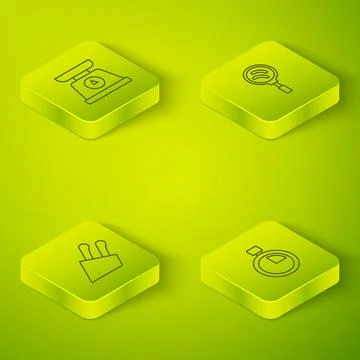 Set Isometric line Frying pan, Knife, Stopwatch and Scales icon. Vector Stock Illustration