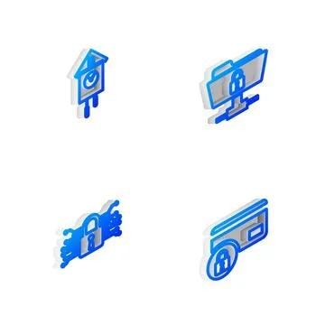 Set Isometric line FTP folder and lock, Retro wall watch, Cyber security and Illustrazione stock