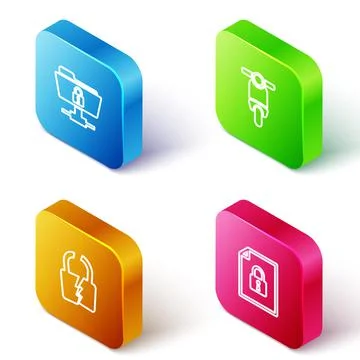 Set Isometric line FTP folder and lock, Scooter, Broken or cracked and Document Illustrazione stock