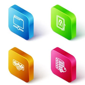 Set Isometric line FTP folder, Tablet with closed padlock, Password protection Stock Illustration