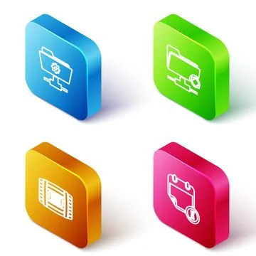 Set Isometric line FTP settings folder, sync refresh, Wooden barrel for wine and Illustrazione stock