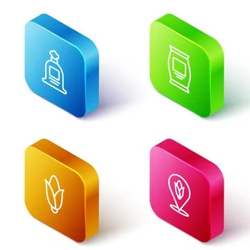 Set Isometric line Full sack, Fertilizer bag, Corn and Location corn icon Stock Illustration
