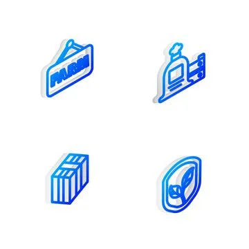 Set Isometric line Full sack and wooden box, Signboard with text Farm, Bale o Stock Illustration