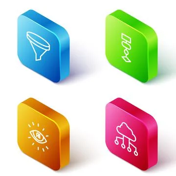 Set Isometric line Funnel or filter, Algorithm, Artificial intelligence AI and Stock Illustration