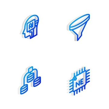 Set Isometric line Funnel or filter, Humanoid robot, Server, Data and Processor Stock Illustration