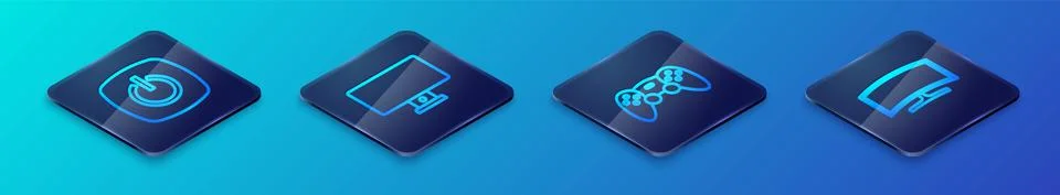 Set Isometric line Game controller or joystick, Power button, Computer monitor Illustrazione stock