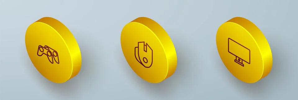 Set Isometric line Game controller or joystick, Computer mouse and monitor icon Illustrazione stock