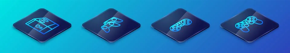 Set Isometric line Game controller or joystick, Case of computer, and icon Stock Illustration
