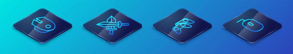 Set Isometric line Game controller or joystick, Computer mouse, and Sword for Illustrazione stock